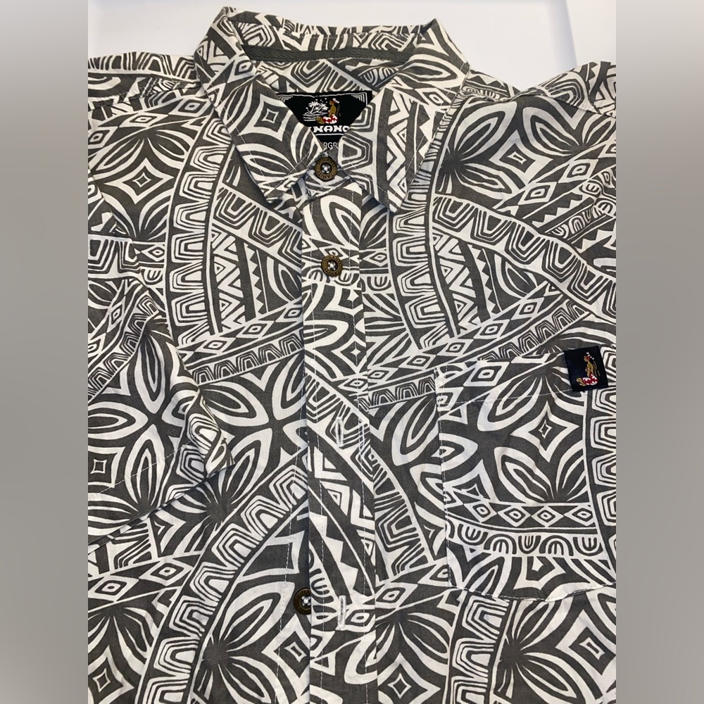 Hinano Tahiti GRAY / WHITE TRIBAL PRINT CAMP SHIRT HAWAIIAN XXL EUC S3